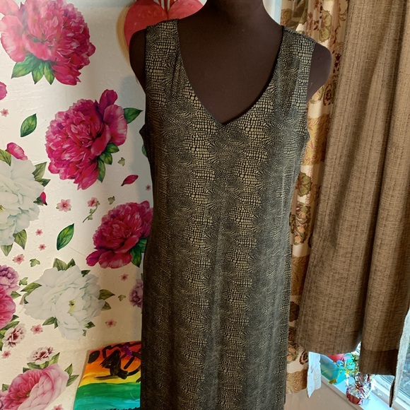 Vintage Nikki Morgan, sleeveless brown black abstract design midi dress. Size 8. - Picture 9 of 17